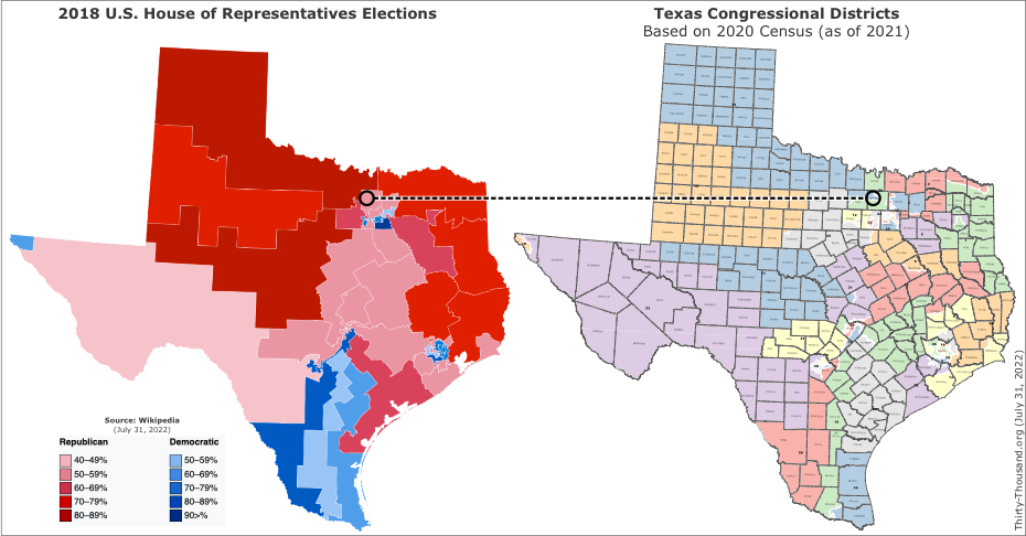 Texas congressional districts and 2018 political map.