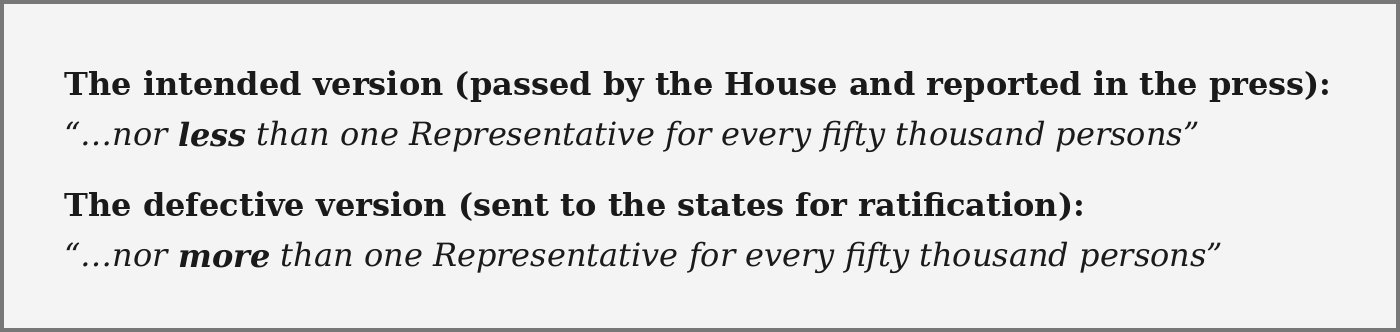 The intended version reads nor less than one Representative for every fifty thousand persons; the defective version sent to the states reads nor more than